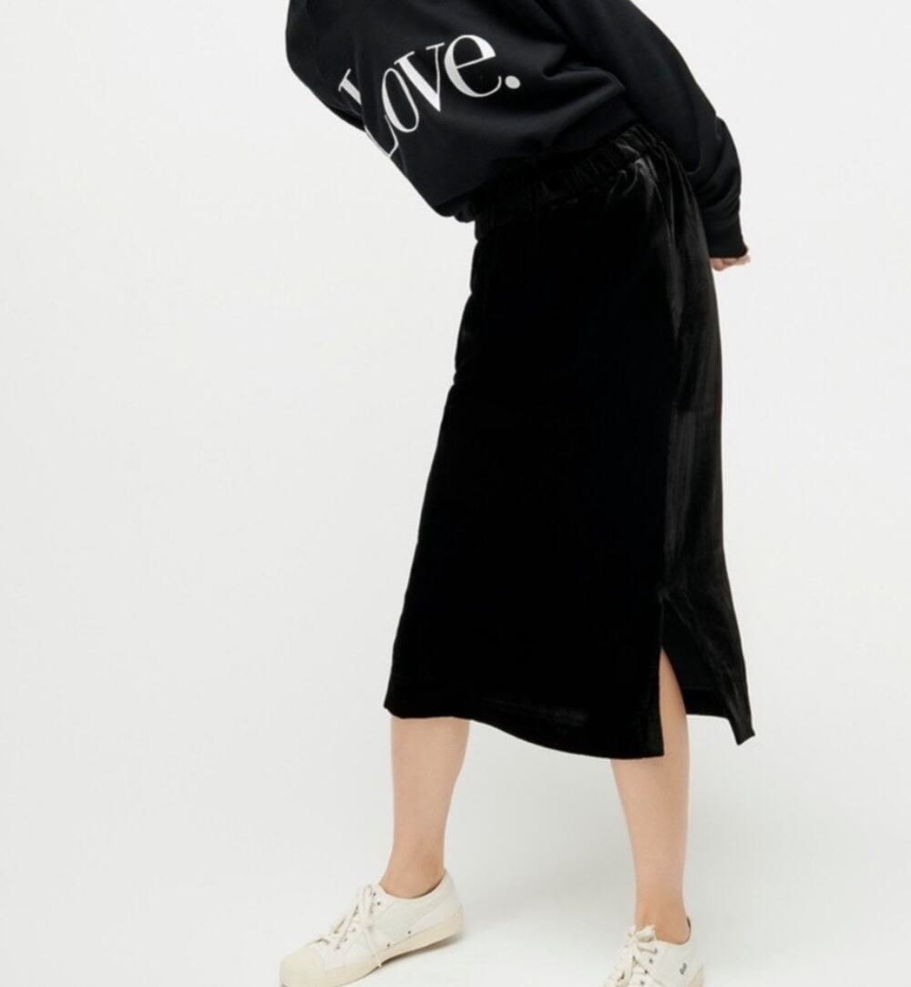 NWT J. Crew Black Velvet Midi Skirt Small Velour Split Leg Velveteen